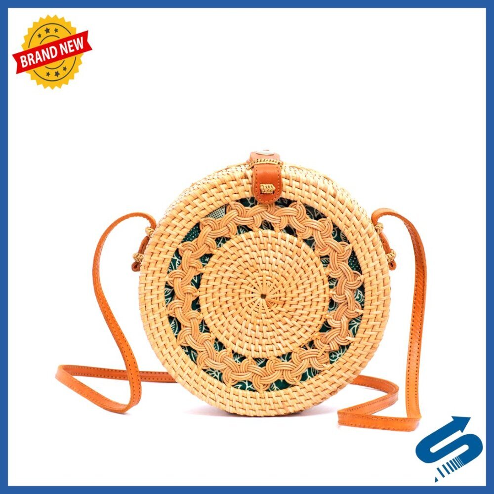 Round Rattan Crossbody Bag, Handmade Straw Purse, Boho Style, 7.75" Diameter